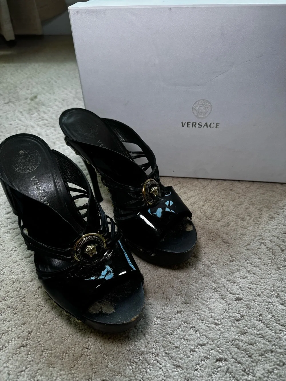 Versace Black Patent Leather and Wooden Platform Medusa Sandals Size 36